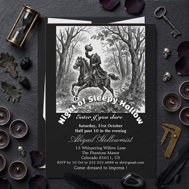 Convite Noite do Cavaleiro Sem Cabeça de Sleepy Hollow Hum (Night of Sleepy Hollow Headless Horseman Dark Mood Invitation)