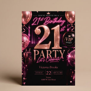 Convite Noite do Clube VIP de Aniversário de 21 anos Rosa
