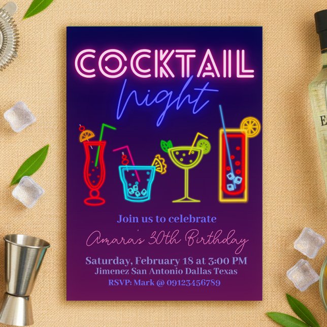 Convite Noite do Coctail - Bebida Neon (Cocktail Night - Neon Drink Invitation)