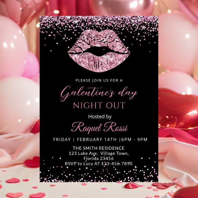 Convite Noite do Dia de Galentine Boca de Brilho Rosa (Galentine's Day Night Out Pink Glitter Lip Invitation)
