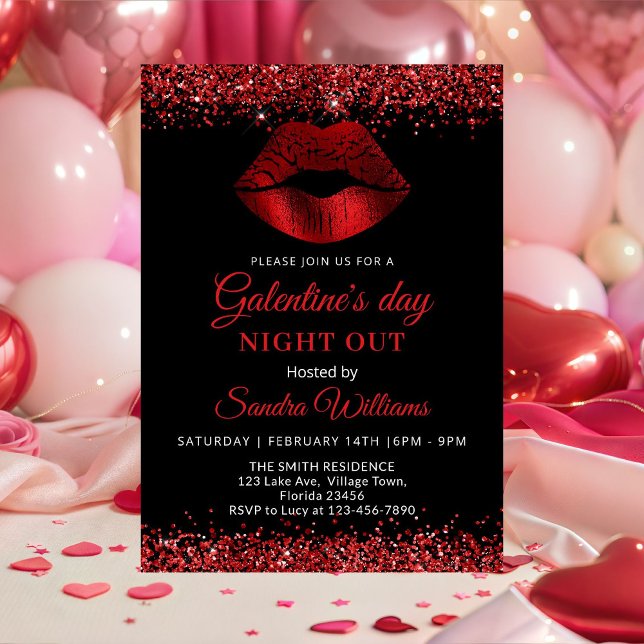 Convite Noite do Dia de Galentine com Lábios Vermelhos Bri (Red Glitter Lipstick Galentine's Day night out invitation)