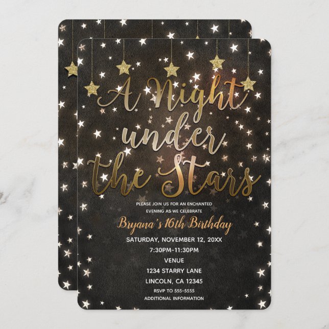 Convite Noite Dourada e negra sob as estrelas doce 16 (Frente/Verso)