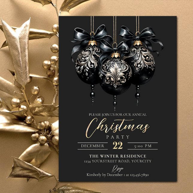 Convite Noite elegante de preto e ouro, luxo de Natal (Gold and black luxury Christmas invitation with ornate Christmas baubles)
