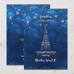 Convite Noite em Paris sob as Estrelas Festa Azul Prata