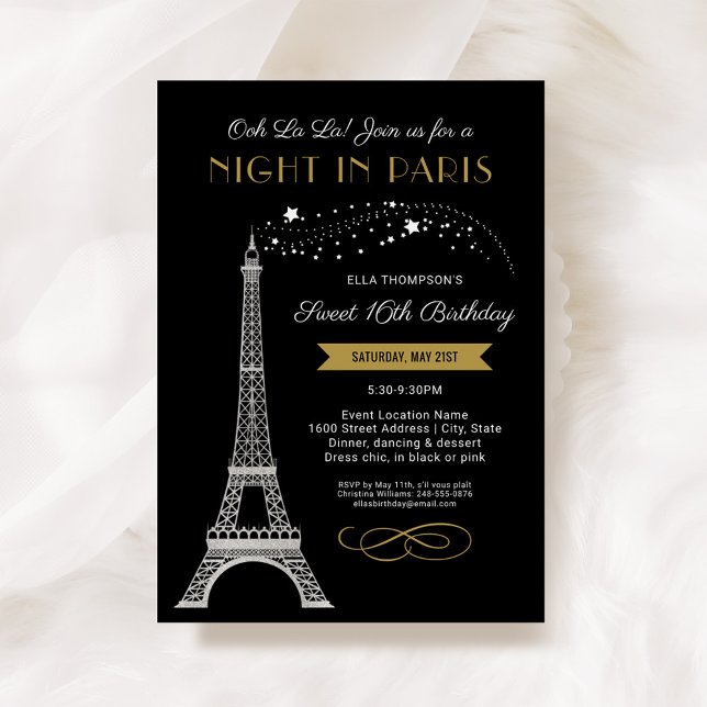Convite Noite em Paris Torre Eiffel Dourado Doce 16 Aniver (Criador carregado)
