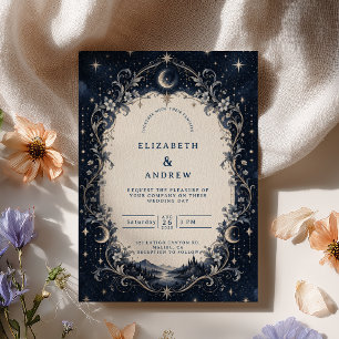 Convite Noite Estelar Azul Romântica Casamento Celestial