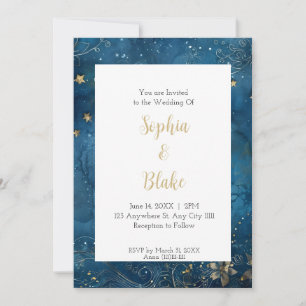 Convite Noite Estrelada Azul e Dourada Casamento Celestial