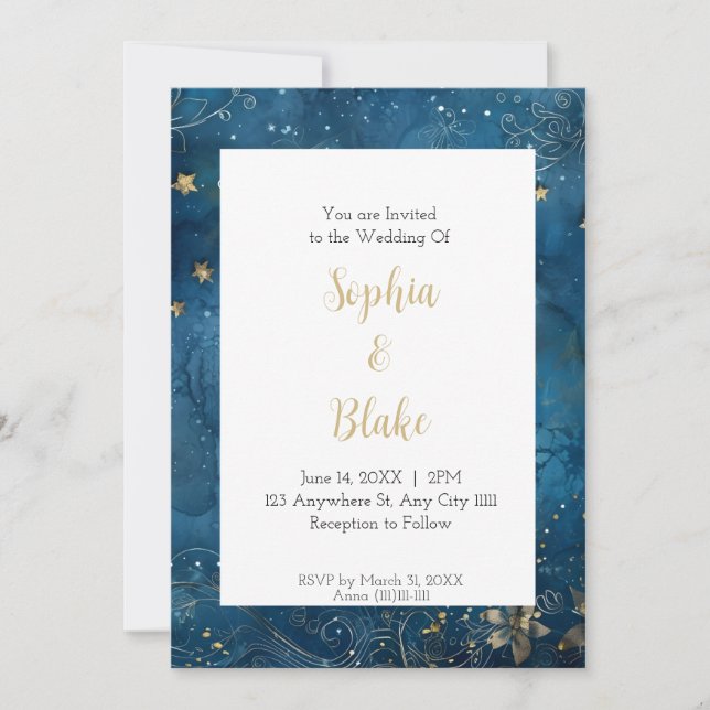 Convite Noite Estrelada Azul e Dourada Casamento Celestial (Frente)
