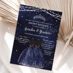 Convite Noite Estrelada Azul Marinho Doce 16 Gêmeas Menina