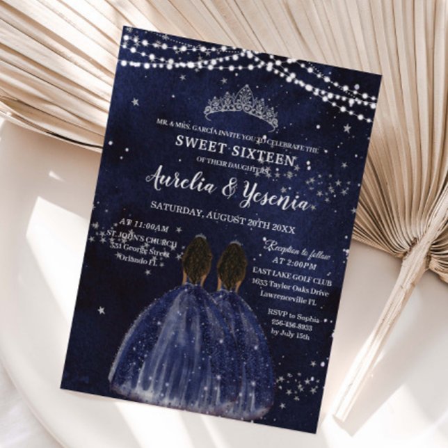 Convite Noite Estrelada Azul Marinho Doce 16 Gêmeas Menina (Criador carregado)