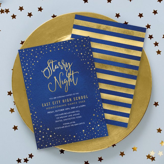 Convite Noite Estrelada Dança Escolar Azul Falso Ouro (Criador carregado)