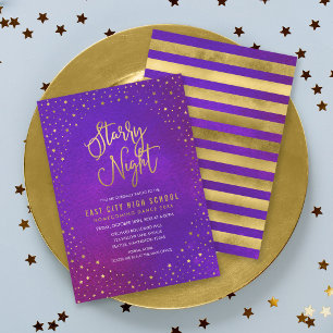 Convite Noite Estrelada Dança Escolar Roxa Falso Dourado