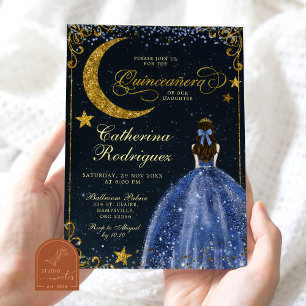 Convite Noite Estrelada Dourada e Azul Escuro Quinceanera