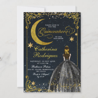 Convite Noite Estrelada Dourada e Preta Quinceanera