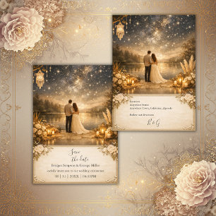 Convite Noite Estrelada Encantada Casamento Azul e Dourado