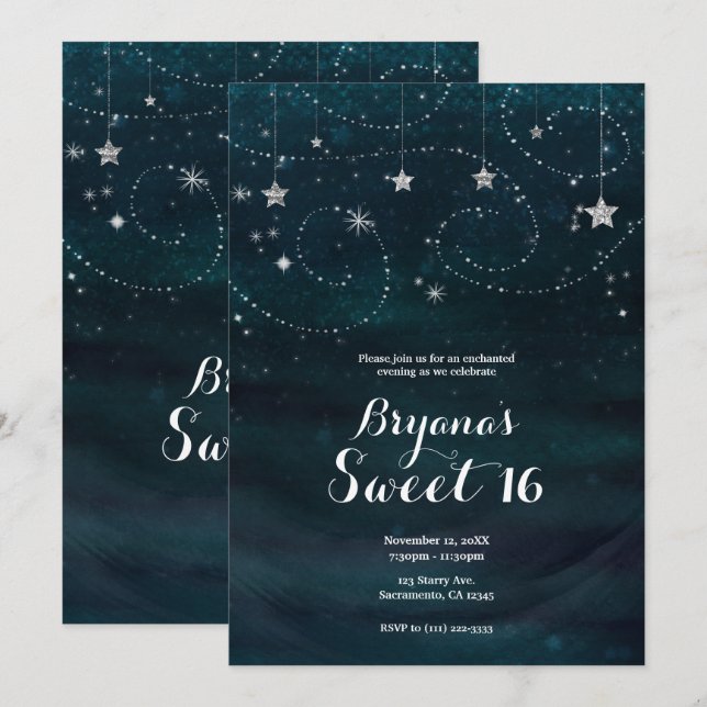 Convite Noite Estrelada Enfeitiçada em Prata e Azul (Frente/Verso)