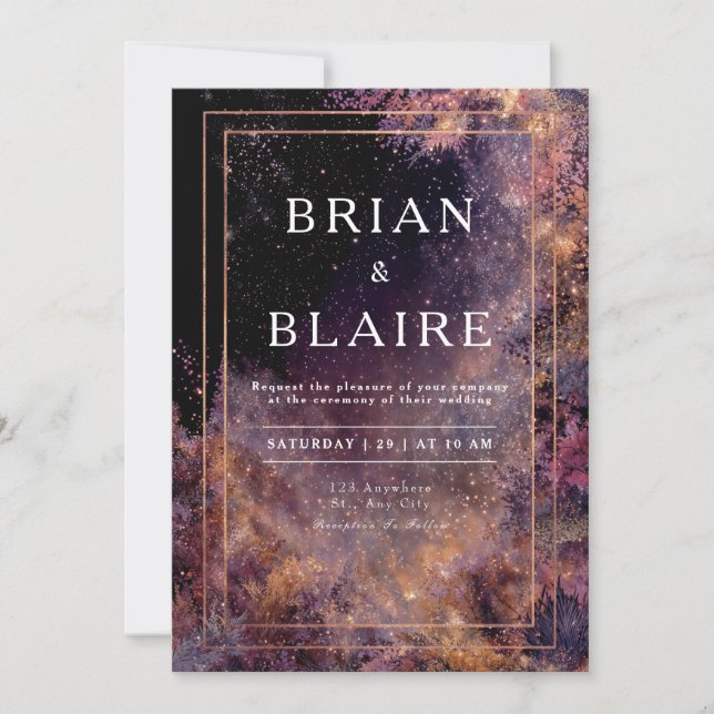 Convite Noite Estrelada Mística Dourada Floresta Casamento (Frente)