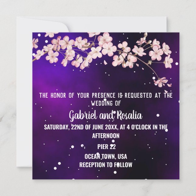 Convite Noite Estrelada Moderna e Casamento de Flor de Cer (Frente)
