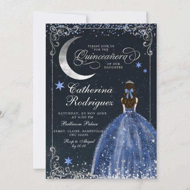 Convite Noite Estrelada Prata e Azul Escuro Quinceanera (Frente)