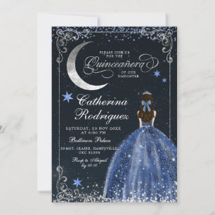 Convite Noite Estrelada Prata e Azul Escuro Quinceanera