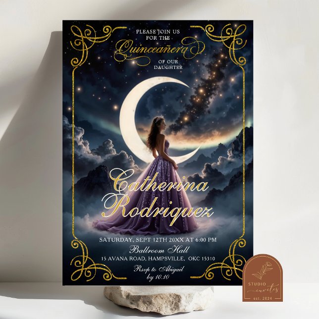 Convite Noite Estrelada Quinceañera Roxa (Criador carregado)