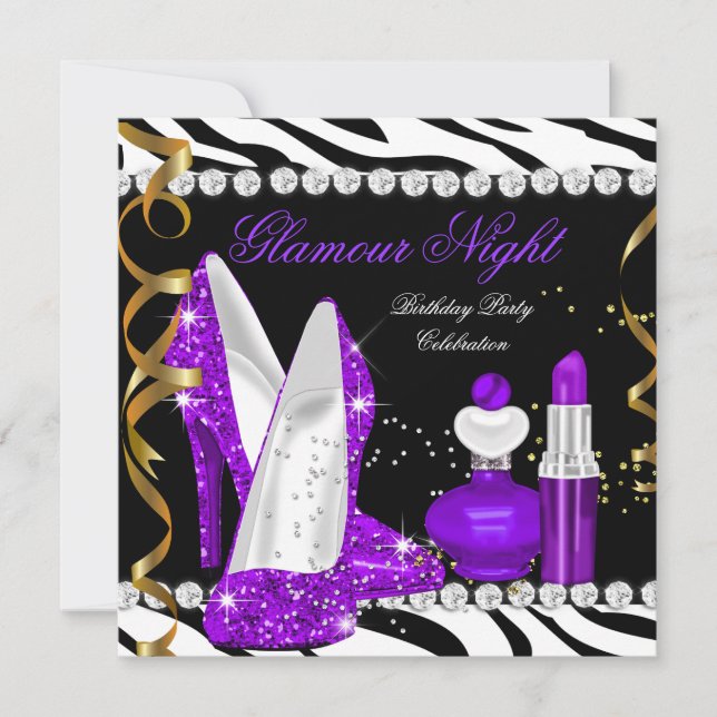 Convite Noite Glamour brilho Roxo Dourado Preto Zebra (Frente)