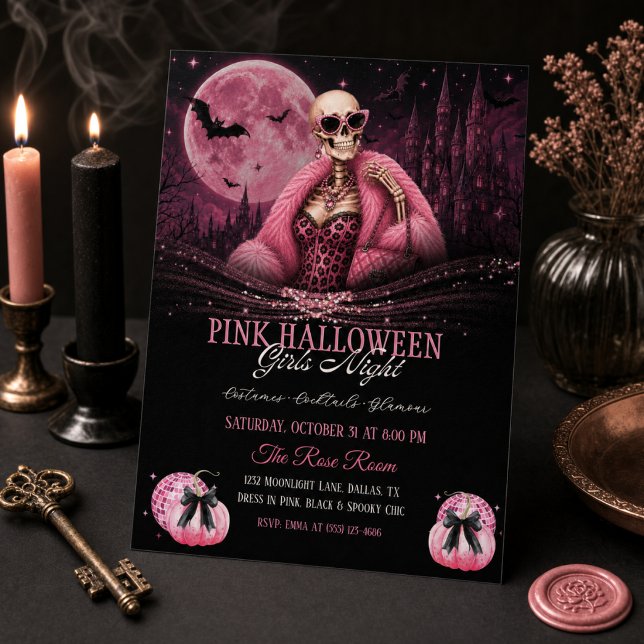 Convite Noite Glamurosa de Halloween Rosa para Meninas com (Criador carregado)