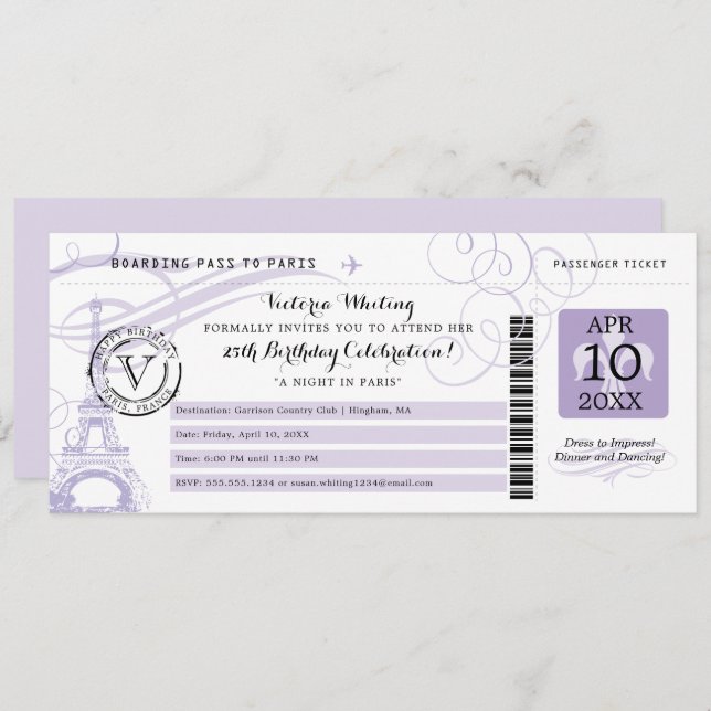 Convite Noite Lilás da Torre Eiffel na Festa de Aniversári (Frente/Verso)