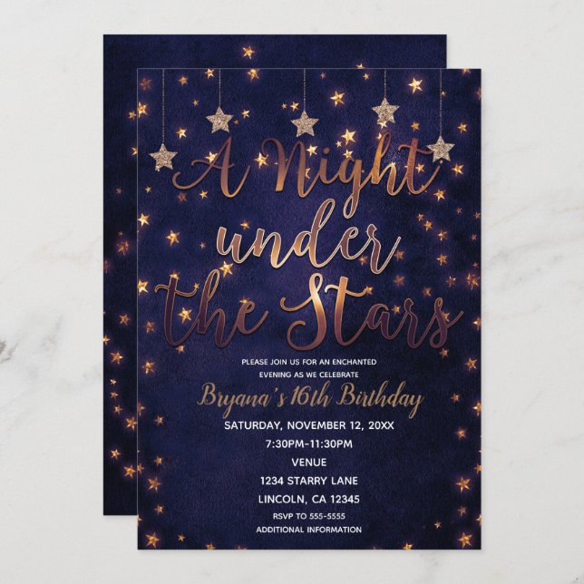 Convite Noite Púrpura e Dourada sob o céu celeste das estr (Frente/Verso)