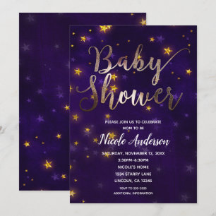 Convite Noite Roxa e Dourada Sob as Estrelas Baby Shower