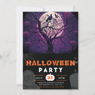 Convite Noite Roxa Lua Cheia Pássaro Preto Halloween Negro