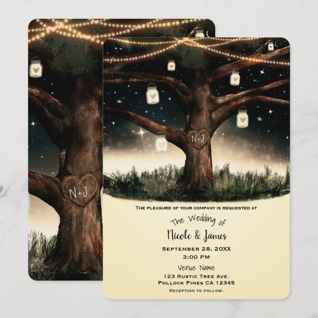Convite Noite Rústica com Árvore com Luzes e Casamento de  (Frente/Verso)