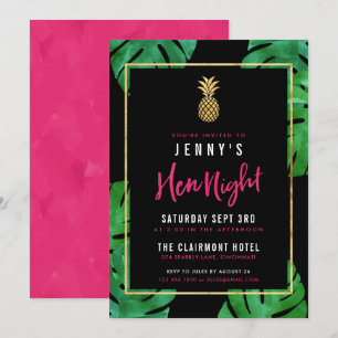 Convite Noite Tropical Hen / Rosa & Preto e Abacaxi Dourad