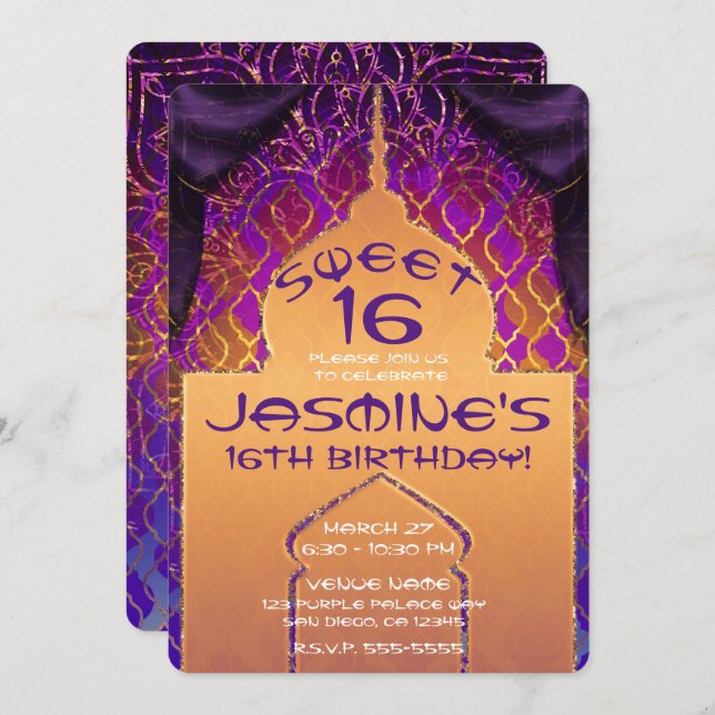 Convite Noites árabes no palácio Dourado Doce 16 Aniversár (Frente/Verso)