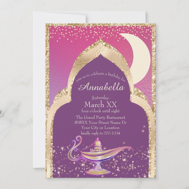 Convite Noites Árabes Ouro e Rosa Conto de Fadas Aladdin (Frente)