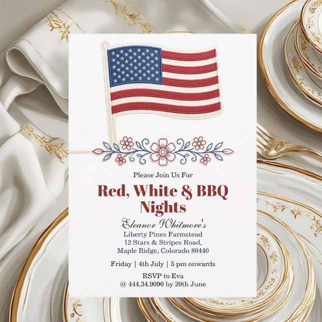Convite Noites de Churrasco Vermelho e Branco de 4 de Julh (4th July Red White BBQ Nights American Flag Floral Invitation)