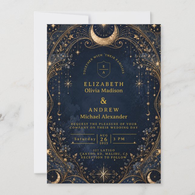 Convite Noites Estreladas Elegantes Casamento Celestial (Frente)