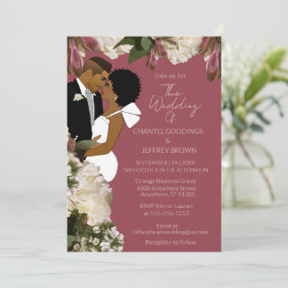 Convite Noiva Afro-Americana & Noivo Casamento Rosa Empoei