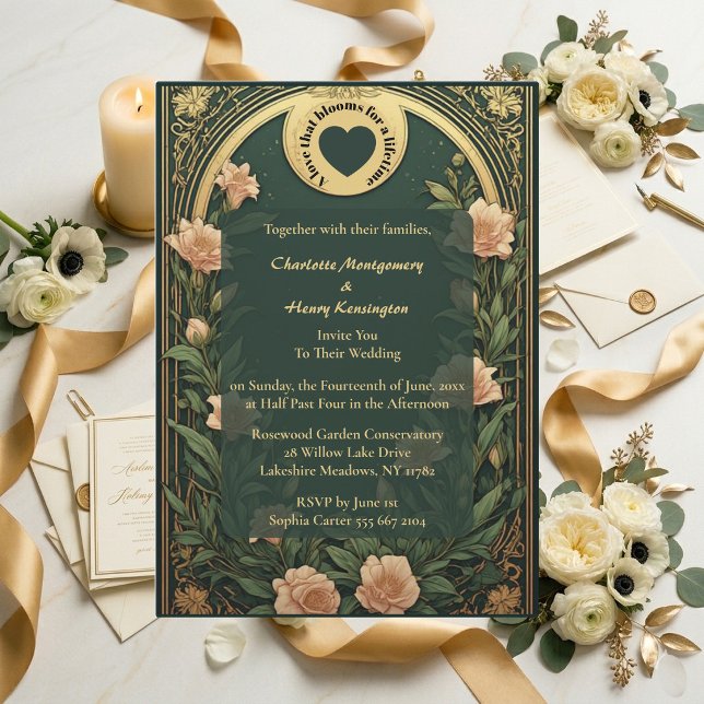 Convite Noiva Alphonse Mucha Verde Dourada Ornada com Líri (Green Alphonse Mucha Gold Ornate Lily Arch Wedding Invitation)
