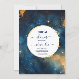 Convite Noiva Aquarela Azul e Dourado Místico à Meia-Noite