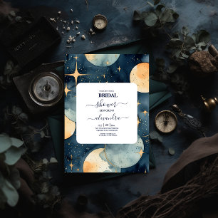 Convite Noiva Aquarela Azul e Dourado Místico à Meia-Noite