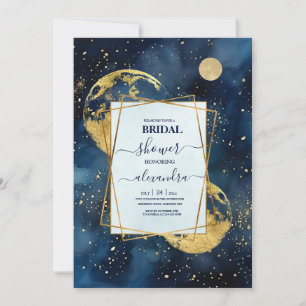 Convite Noiva Aquarela Azul e Dourado Místico à Meia-Noite