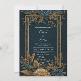 Convite Noiva Art Déco Crisântemo Azul Dourado