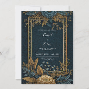 Convite Noiva Art Déco Crisântemo Azul Dourado