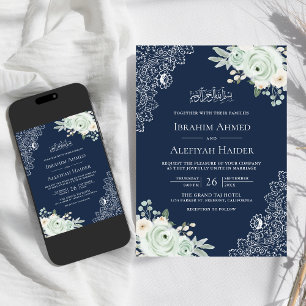 Convite Noiva Azul Verde Floral Renda Casamento Muçulmano