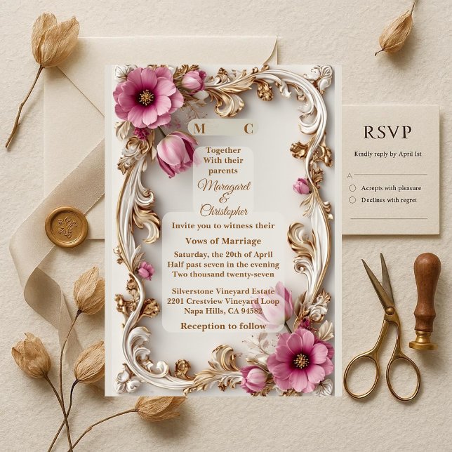 Convite Noiva Barroca Dourada de Luxo com Tulipas Rosa Cho (Luxury Blush Pink Tulip Gold Baroque Grand Wedding Invitation)