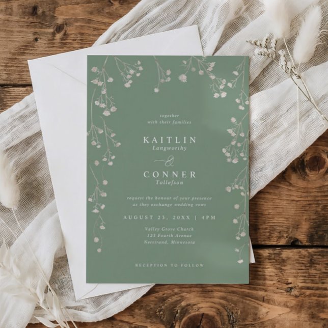 Convite Noiva Boêmio de Flores Silvestres Resedá com Gipsó (Sage green wedding invite with watercolor baby’s breath and botanical monogram wreath)