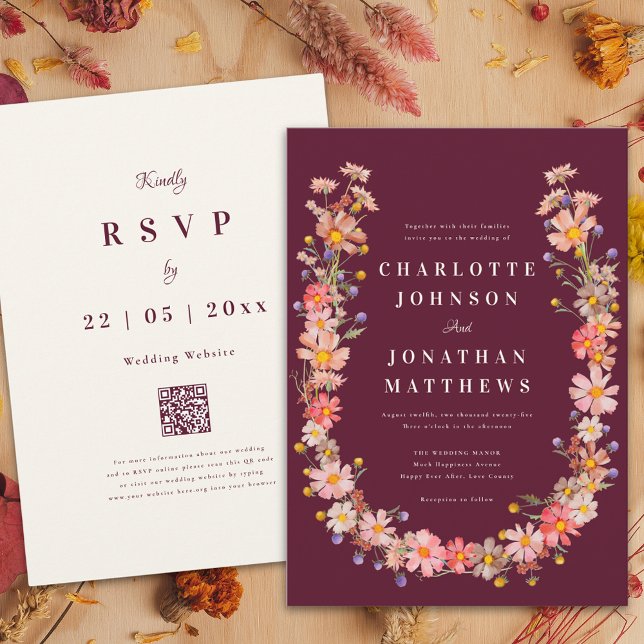 Convite Noiva Boho de Flores Silvestres de Outono Borgonha (Wildflower boho romantic burgundy fall wedding invitation terracotta burnt  orange floral watercolor)