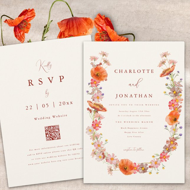 Convite Noiva Boho de Outono com Flores Silvestres (Boho wildflower fall wedding invitation burnt orange script and website qr code)
