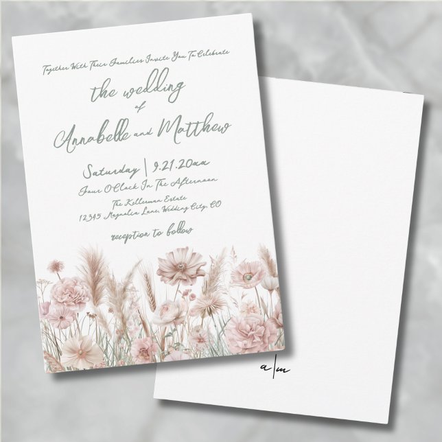 Convite Noiva Boho Flor Silvestre Rosa Corado (Blush Pink Botanical Wildflowers Boho Wedding Invitation)